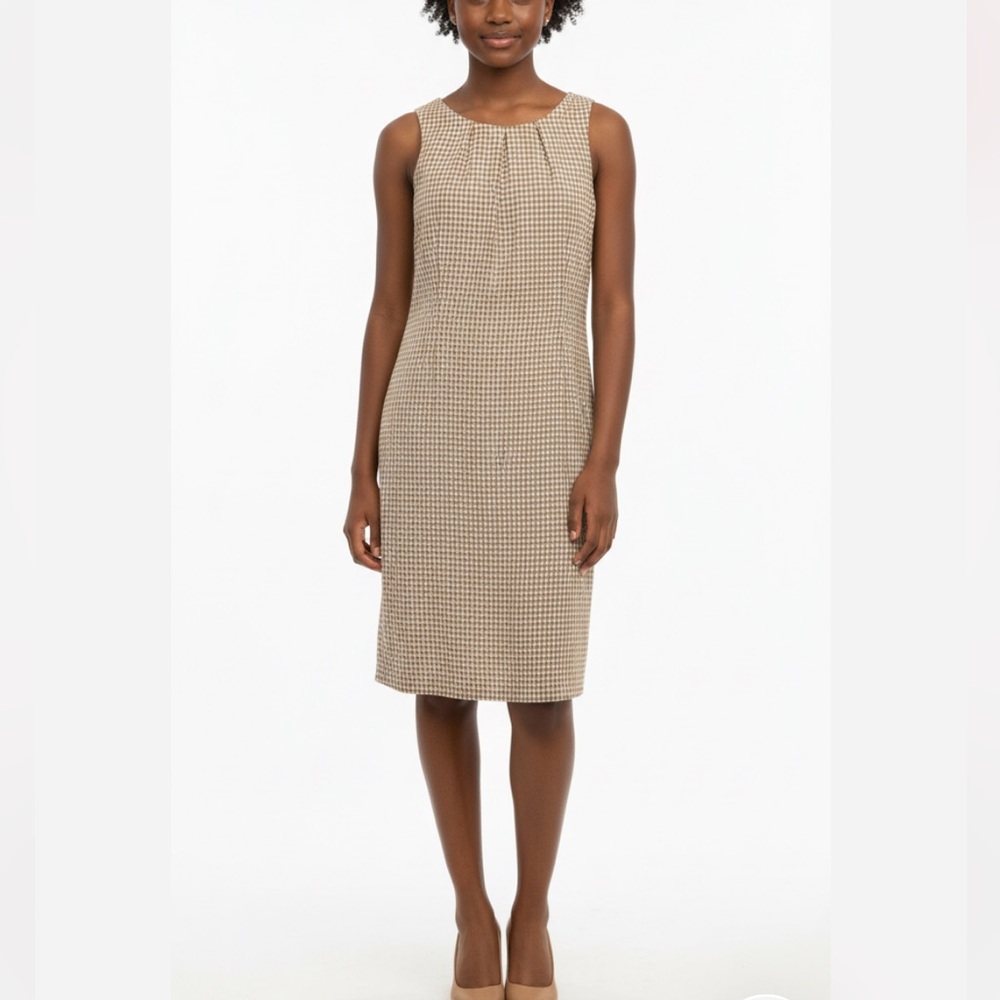 Elegant Retro Tan/White Checkered 70s Style Dress Sz M